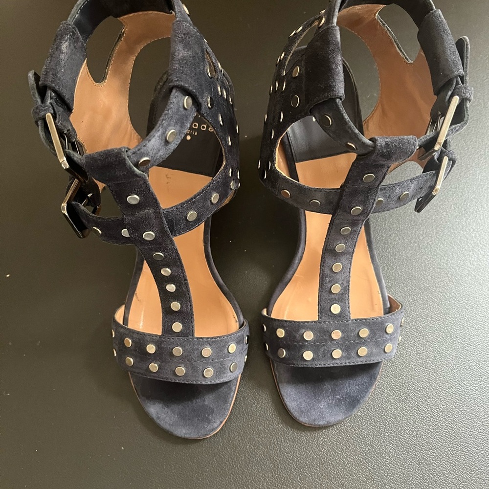 Laurence Dacade Navy Suede Studded T-Strap Heels